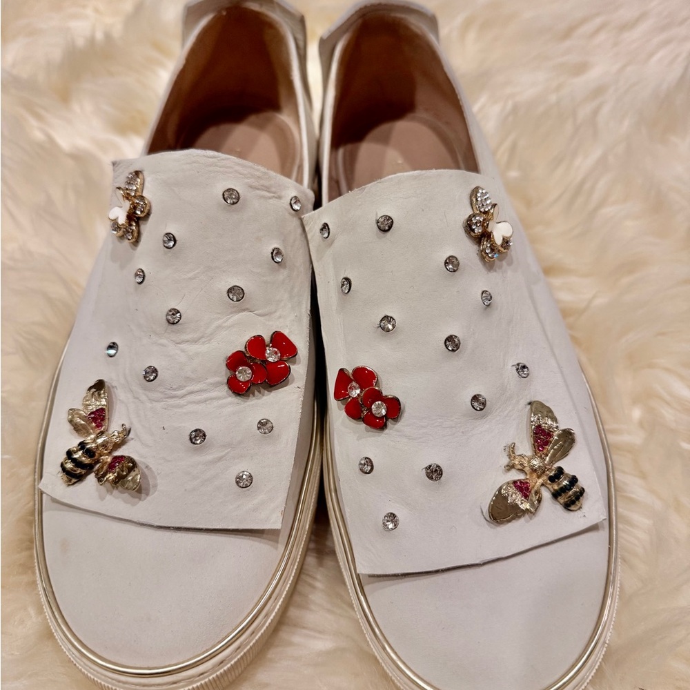Stuart Weitzman White Embellished Flats